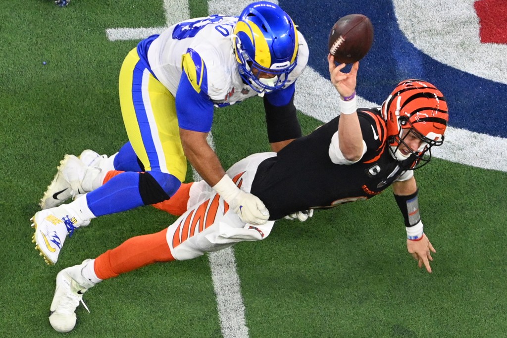 Burrow was sacked seven times in Super Bowl 2022 and was brought down by Rams defensive Aaron Donald