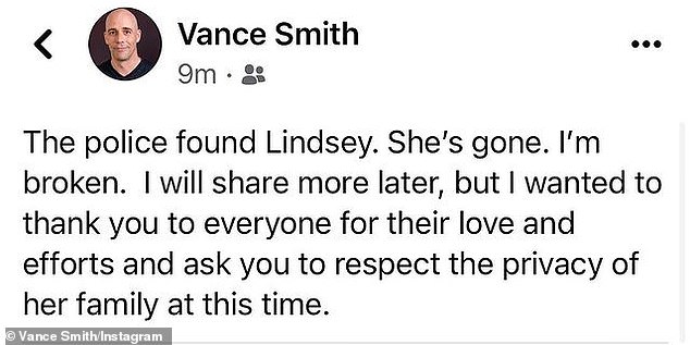 Husband, Vance Smith, shared the news of her death Friday night.  The police found Lindsay.  she is gone.  Smith wrote on social media, I'm broke