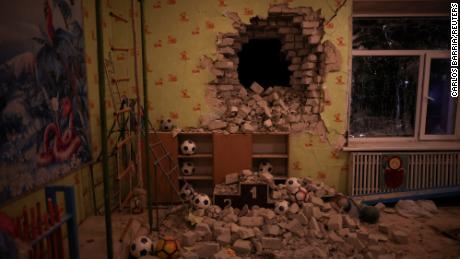 A kindergarten in Stanytsia Luhanska, in the Donbass region of eastern Ukraine, was hit by a shell Thursday.