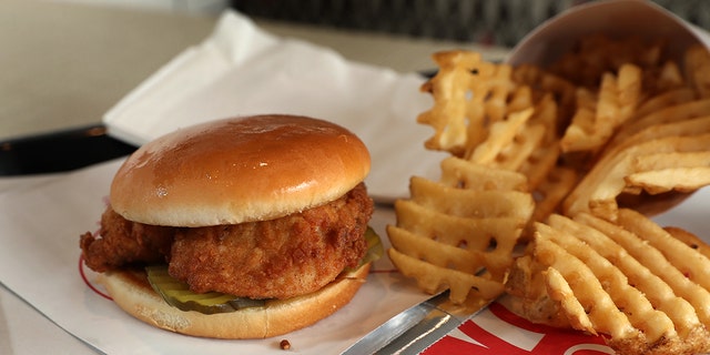 A chicken sandwich with fries and a waffle at Chick-fil-A in Dedham, Massachusetts, on November 8, 2017.