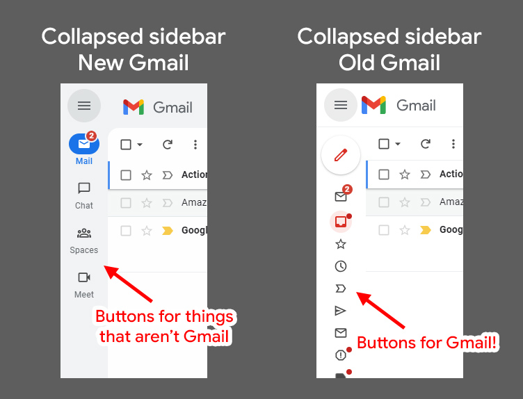 Even if you hit the hamburger button, the new Gmail will still show the app bar.  The old layout, even when it collapses, will still display an icon for each Gmail section.