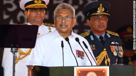Sri Lankan President Gotabaya Rajapaksa (centre) addresses the nation in Colombo on February 4.