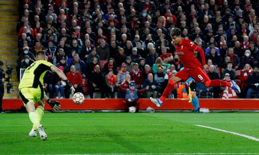 Roberto Firmino, Liverpool player, scores his second goal.
