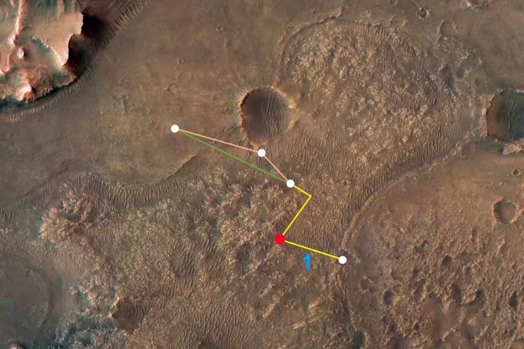 This annotated overhead image from NASA's Mars Exploration Orbiter (MRO) depicts the multiple flights — and two different routes — the agency's innovative Mars helicopter could make its way to the Jezero Crater Delta.