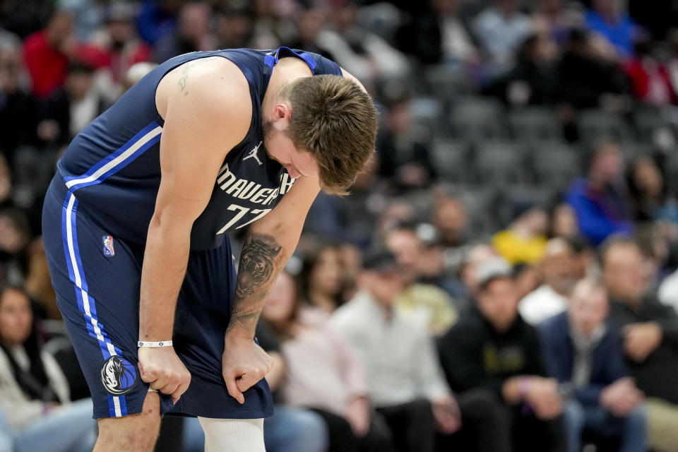 DETROIT, MI - APRIL 6: Luka Doncic #77 of the Dallas Mavericks during the game against the Detroit Pistons at Little Caesars Arena on April 6, 2022 in Detroit, Michigan.  Note to User: User expressly acknowledges and agrees, by downloading or using this image, that User agrees to the terms and conditions of the Getty Images License Agreement.  (Photo by Nick Antaya/Getty Images)