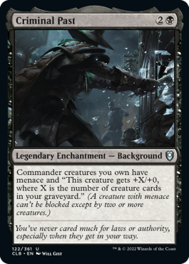 Black past criminal background adds mana, threat, and +X/+0 based on the number of creatures in your graveyard.