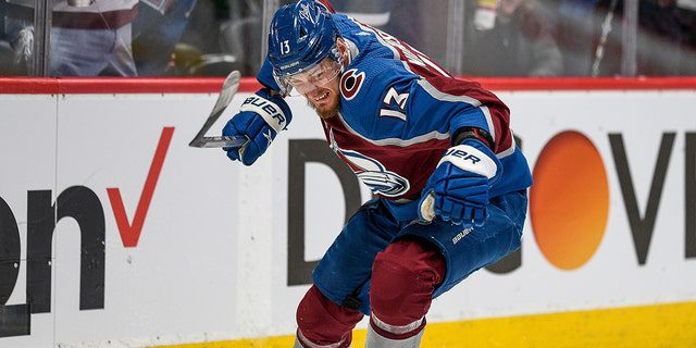 Colorado Avalanche right winger Valery Neshushkin (13) celebrates after scoring a second-half goal during the Stanley Cup 5 Final between Tampa Bay Lightning and Colorado Avalanche at Ball Arena in Denver, Colorado on June 24, 2022.