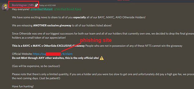 Pictured is a phishing scam sent to members of Bored Ape Yacht Club and other Metaverse discord groups
