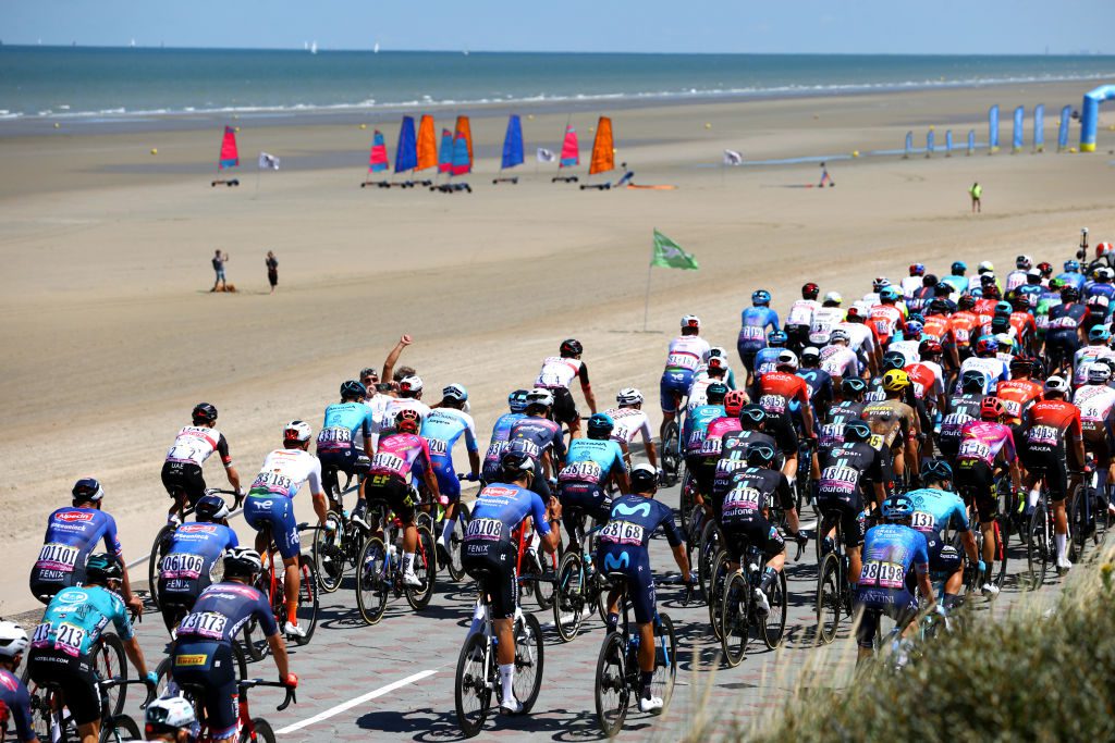 CALAIS FRANCE 05 July Overview of the peloton ahead of Round 109 of the Tour de France 2022 Stage 4A 1715km from Dunkirk to Calais TDF2022 Worldtour July 5, 2022 in Calais, France Photo by Michael Steele Getty Images