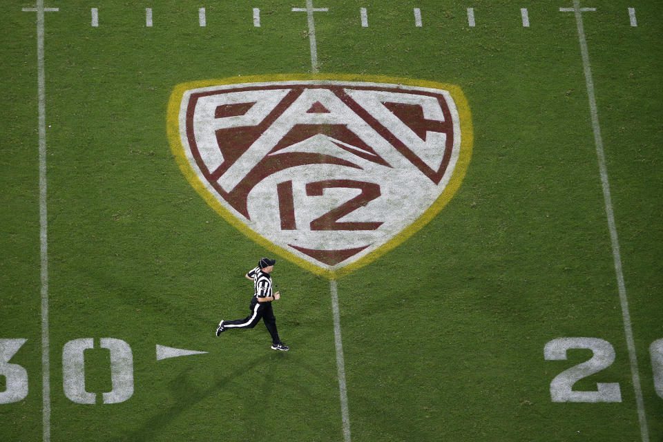 The PAC-12 logo at Sun Devil Stadium during the second half of an NCAA college football game between Arizona State and Kent State, Thursday, August 29, 2019, in Tempe, Arizona (AP Photo/Ralph Freso)