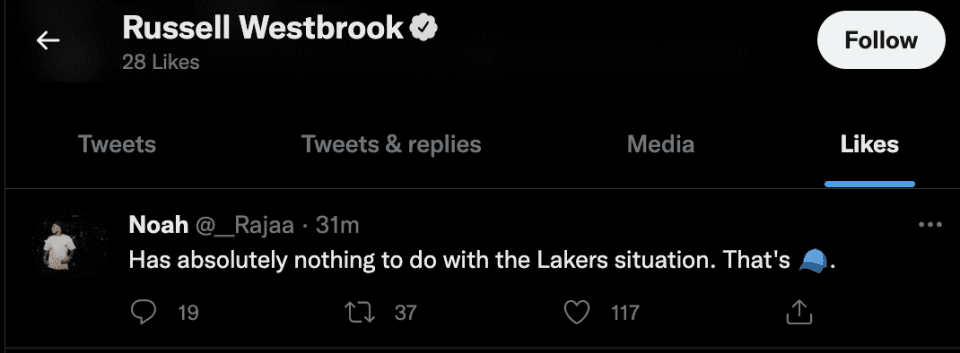 Screenshot of Russell Westbrook's Twitter Likes.  (Twitter)