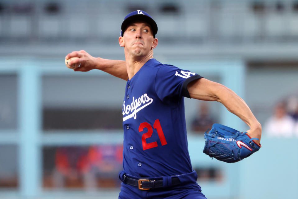 LOS ANGELES, CA - JUNE 4: Walker Buehler #21 of the Los Angeles Dodgers fielded during the first half against the New York Mets at Dodger Stadium on June 4, 2022 in Los Angeles, California.  The New York Mets won 9-4.  (Photo by Catelyn Mulcahy/Getty Images)