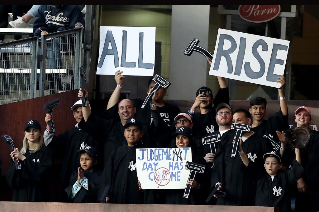 Fans fill the Judge's Chambers, the official cheering section for Slugger at Yankee Stadium. 