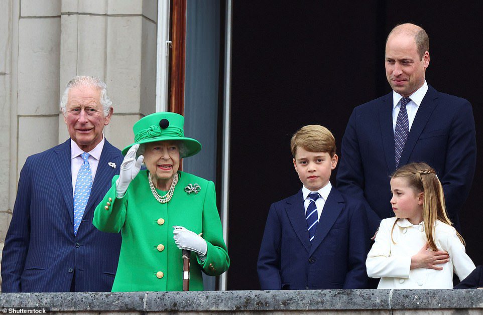 Prince William is now heir to the throne of the United Kingdom after taking over Prince Charles following the death of Queen Elizabeth II.  Above: The Queen on Buckingham Palace balcony with Prince Charles, Prince William and his children, Prince George and Princess Charlotte during the Platinum Jubilee Competition in June