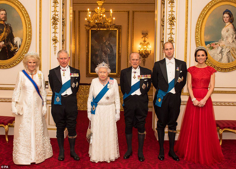 (from left to right) The Duchess of Cornwall, Prince of Wales, Queen Elizabeth II, Duke of Edinburgh and the Duke and Duchess of Cambridge at Buckingham Palace on December 8, 2016