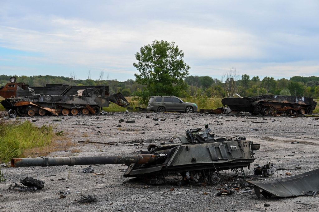 This photo taken in Balaklia, Kharkiv region, on September 10, 2022 shows a destroyed military tank.