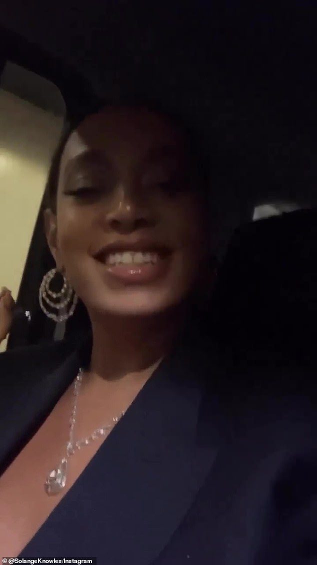 So Excited: Solange looked like she's on cloud nine in a short clip filmed from inside her car on the way to the ballet.  She was going from ear to ear as she sang to the chorus of Fantasia Parino When I See You