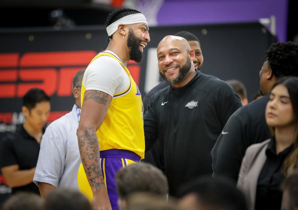 Los Angeles Lakers forward Anthony Davis and head coach Darvin Hamm speak during Lakers media day at the University of California Health Training Center in El Segundo, Calif., on September 26, 2022 (Christina House/Los Angeles Times via Getty Images)