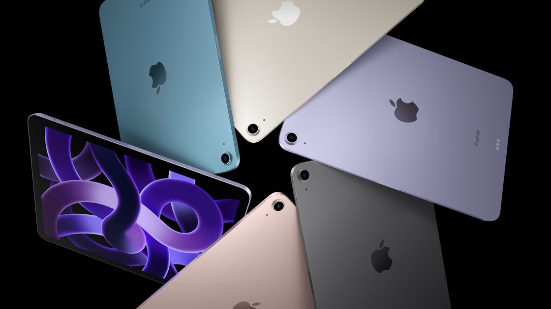 iPad generations: iPad Air models are arranged in a hole on a black background