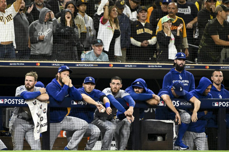 The Los Angeles Dodgers were eliminated in the NLDS by the San Diego Padres who won 22 fewer games in the regular season.  (Wally Scalig/Los Angeles Times via Getty Images)