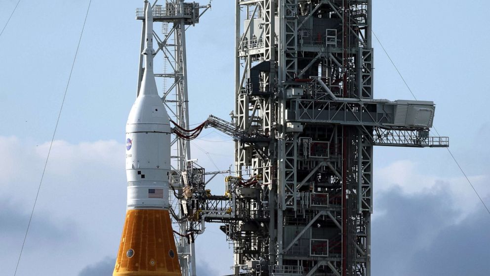 PHOTO: A NASA Space Launch System rocket with the Orion spacecraft atop Launch Pad 39B as final preparations for the Artemis I mission are made at Kennedy Space Center, November 14, 2022, in Cape Canaveral, Florida.
