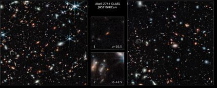 Two starfields with positioning boxes showing the galaxies, with draggable enlarged images of the galaxies themselves in the center