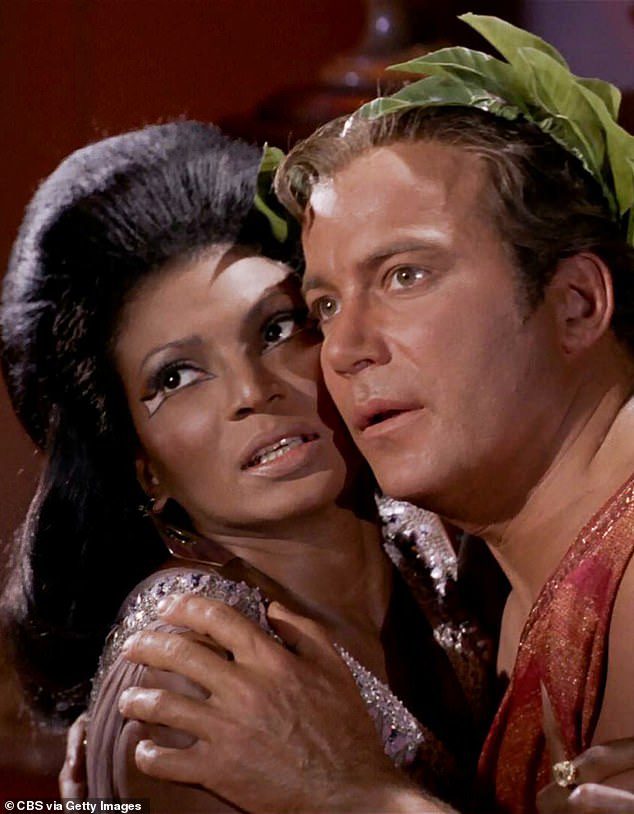 Sad: In his memoir Boldly Go: Reflections on an Awe and Wonder, the actor wrote that he was devastated when the late actor Nichelle Nichols, who played Lieutenant Ulhura, accused him of being 'cold and arrogant' (pictured together on the show)