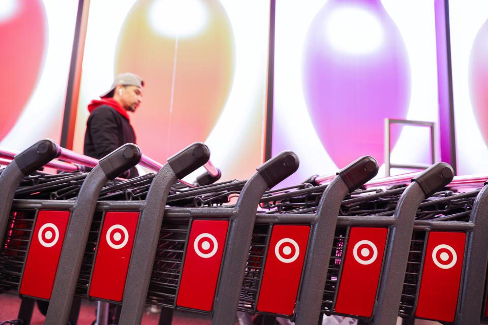 The Target logo is seen on shopping carts at the Target store in Manhattan, New York City, US, November 22, 2021. REUTERS/Andrew Kelly