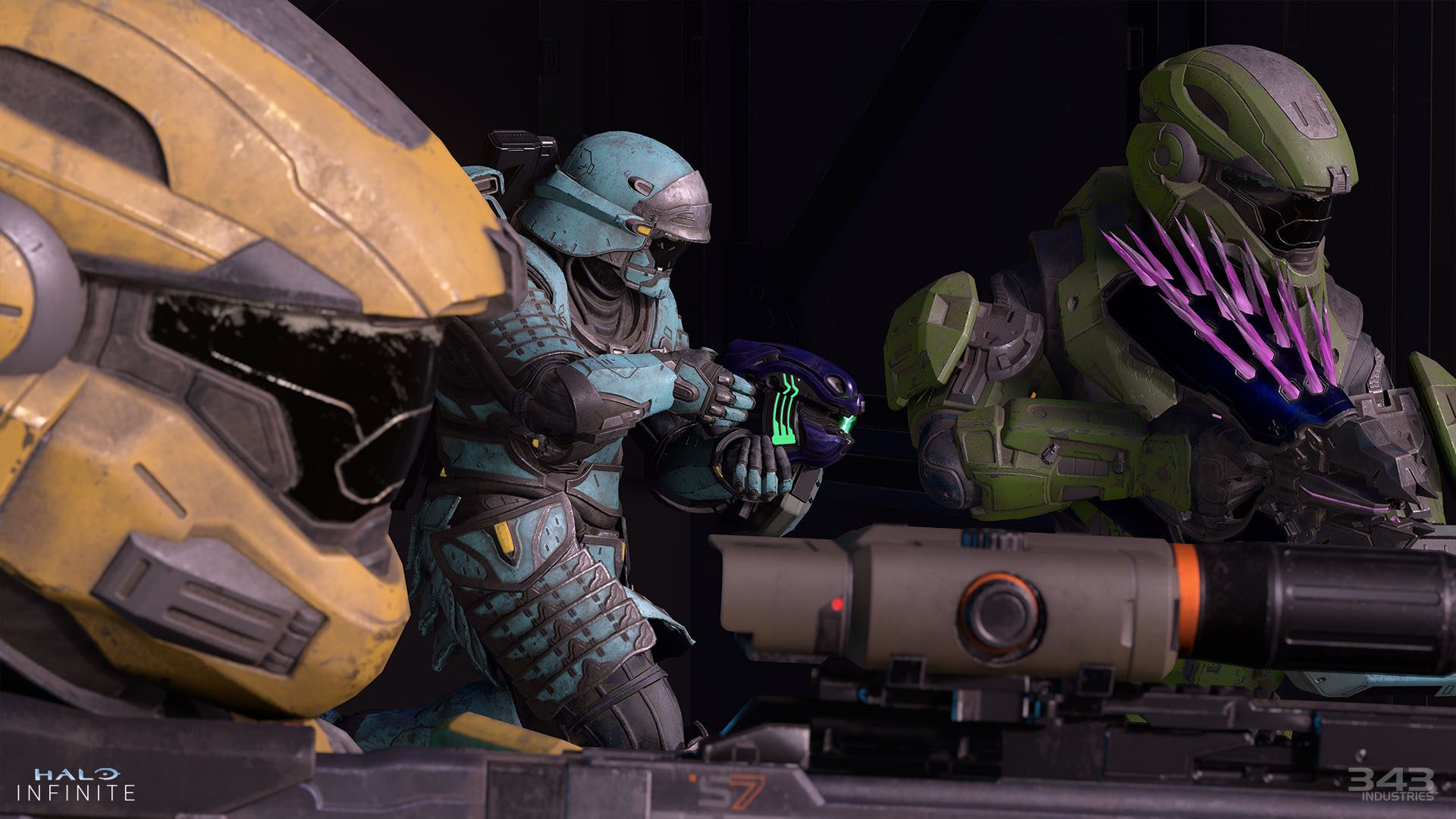 Halo Infinite Action screenshot of several Spartan Armor cores with Cadet skins