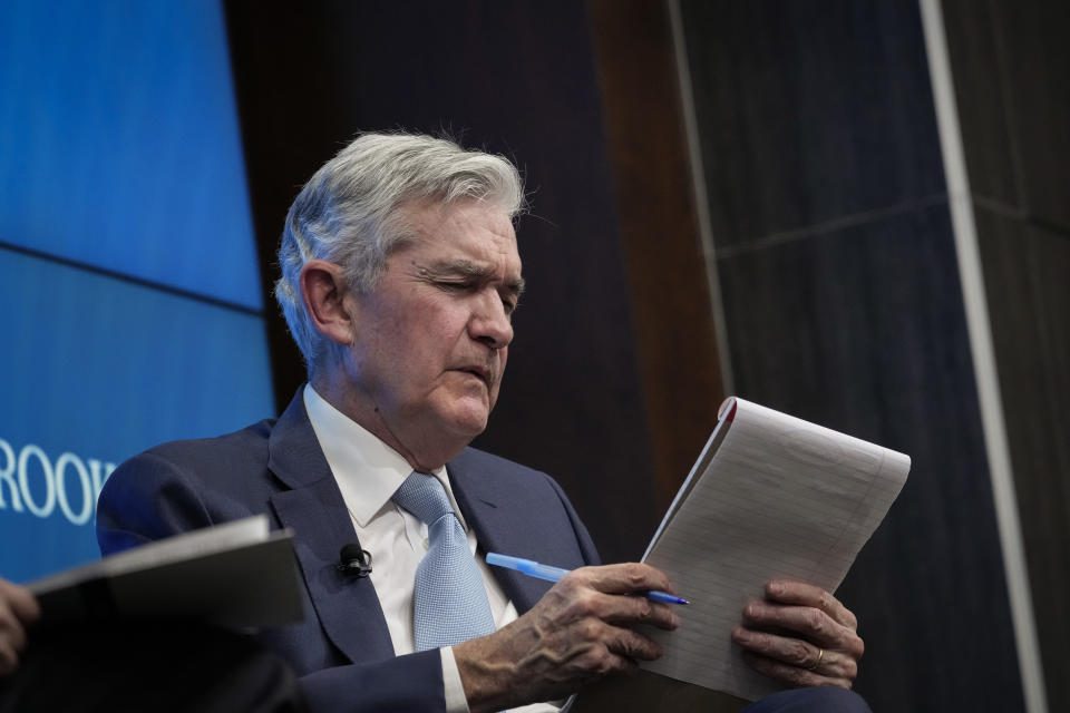 WASHINGTON, DC - NOVEMBER 30: US Federal Reserve Chairman Jerome Powell looks at the notes as he speaks at the Brookings Institution, November 30, 2022 in Washington, DC.  Powell discussed the economic outlook, inflation and the labor market.  (Photo by Drew Angerer/Getty Images)